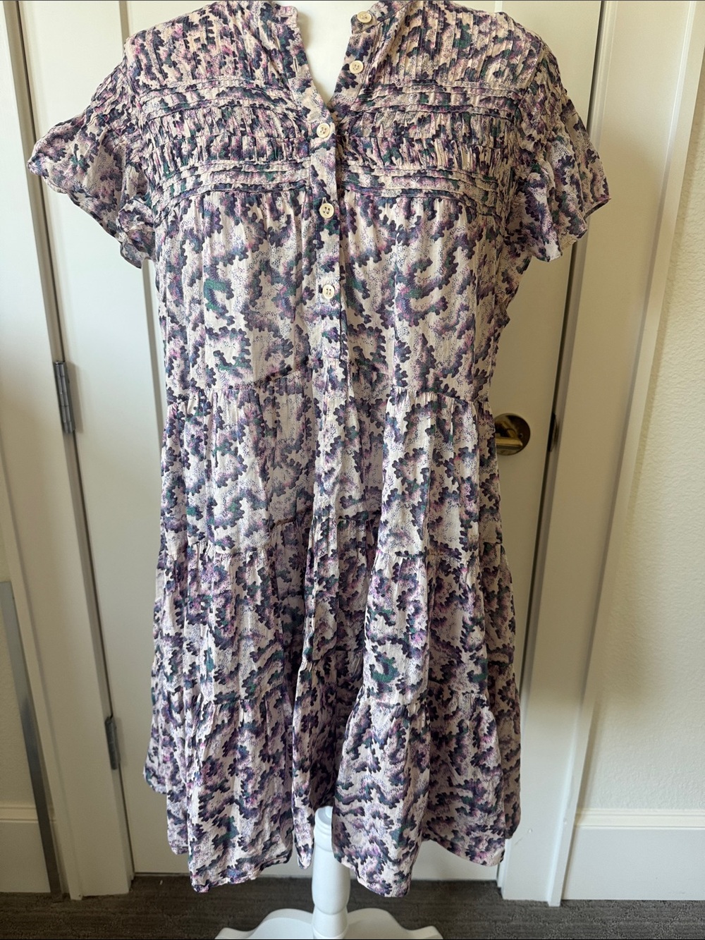 Isabel Etoile Marant Floral Lavender Tiered Midi Dress with Button Front